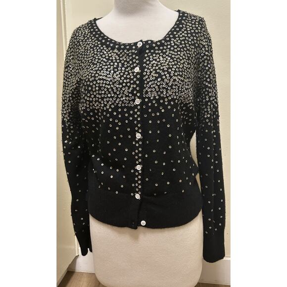 AQUA Women's Black Long Sleeve Sequin Wool Blend Button Up Cardigan - Size Med - Picture 1 of 4